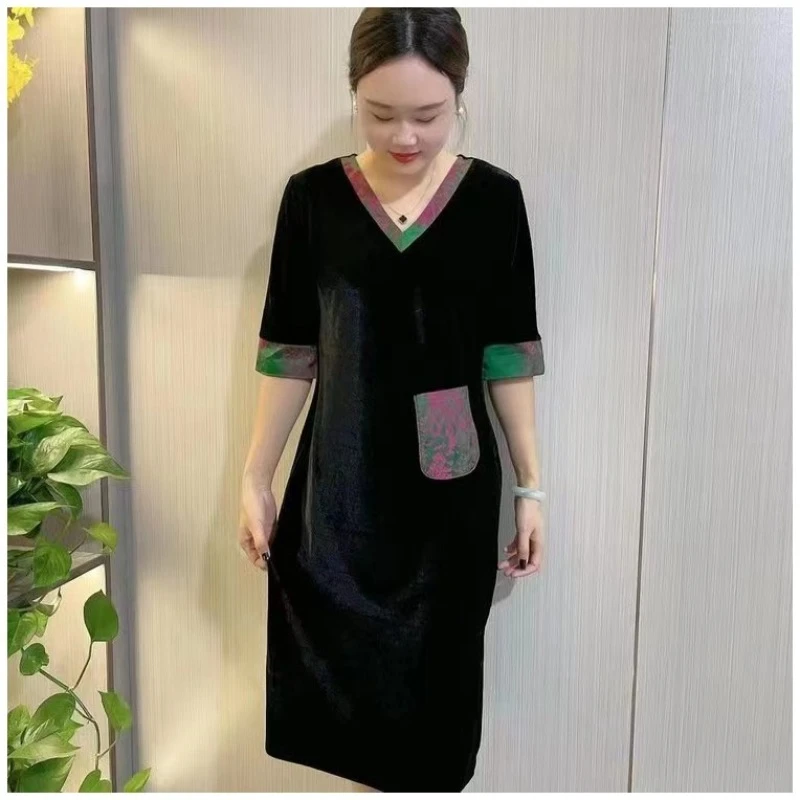 2023夏秋季新款显瘦连衣裙丝绒时尚气质韩版显瘦中年女士中长裙女