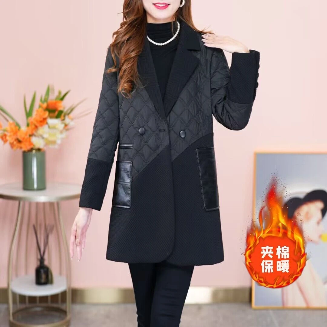 中长款呢子拼接夹棉外套2023年冬款翻领长袖通勤修身时尚保暖棉衣