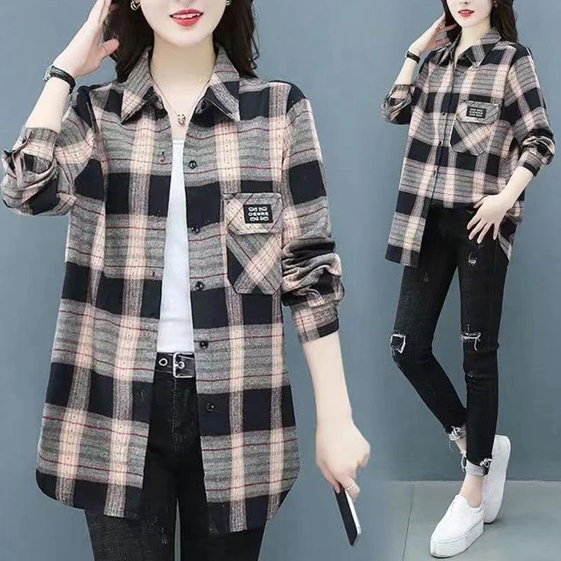 2023春秋新款宽松显瘦格子衬衫女外搭洋气减龄衬衣春装百搭上衣女