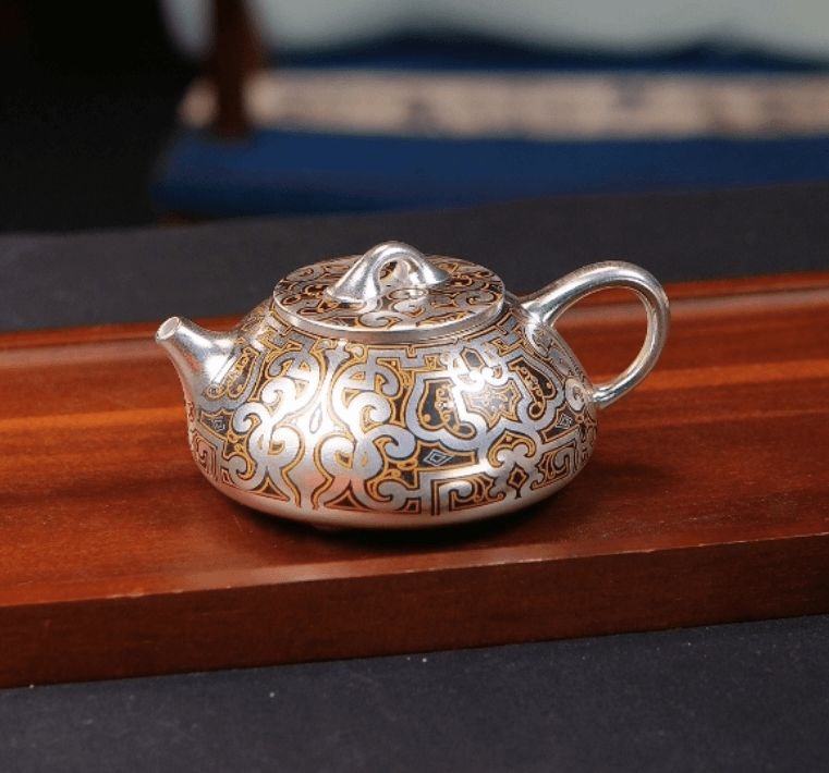 何福森老师手作银石瓢壶战国系列家用泡茶壶鎏银壶功夫茶具