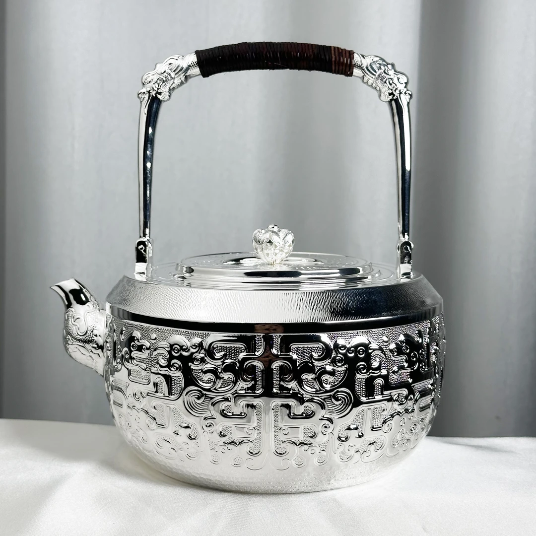 新品-手工篆刻四神兽铭纹大提梁壶烧水壶煮茶壶999银