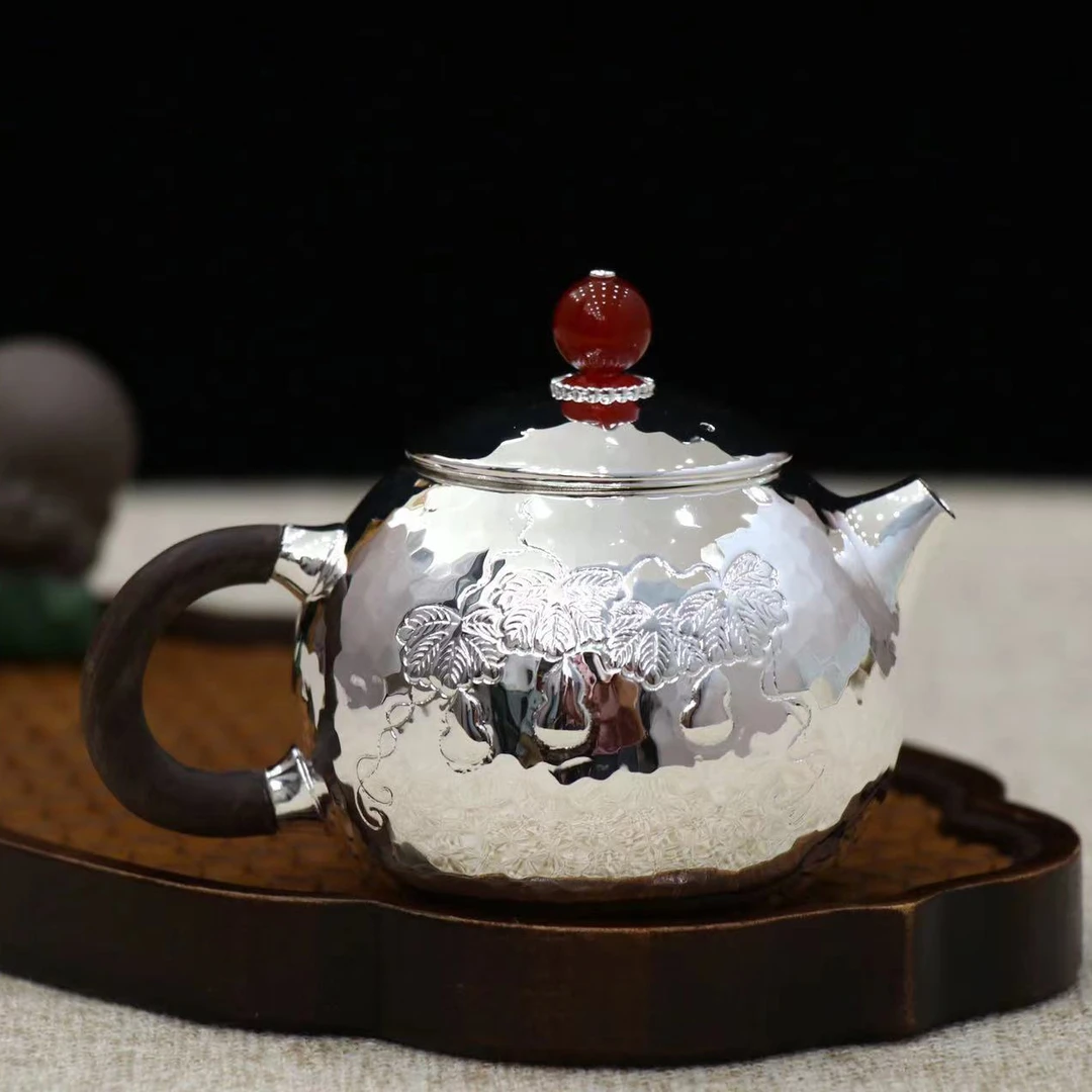 新品-手作檀木999葫芦西施壶款家用泡茶银壶