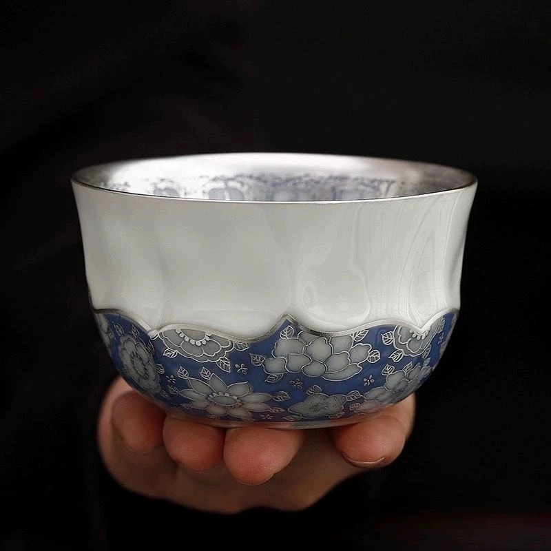 何赋森手工银杯莲花万佛家用主人杯功夫茶具鎏银杯