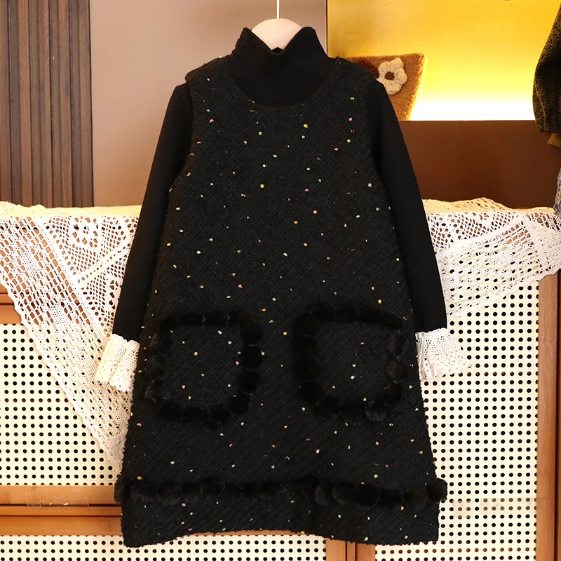 简清女童秋冬装连衣裙2025年新款儿童加绒背心裙+打底衫两件套