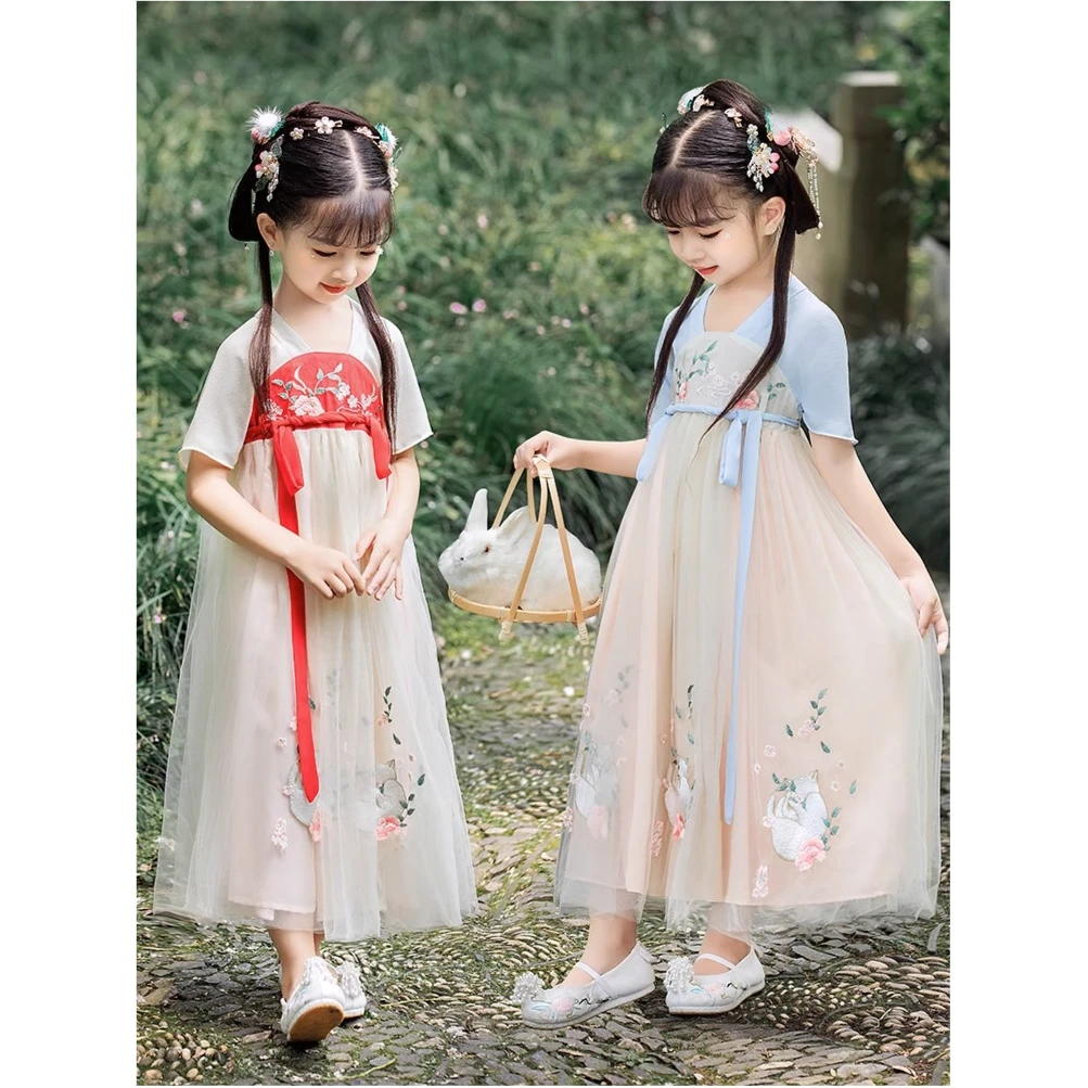 汉服女童夏季薄款超仙短袖2023新款高端古装连衣裙中国风儿童襦裙