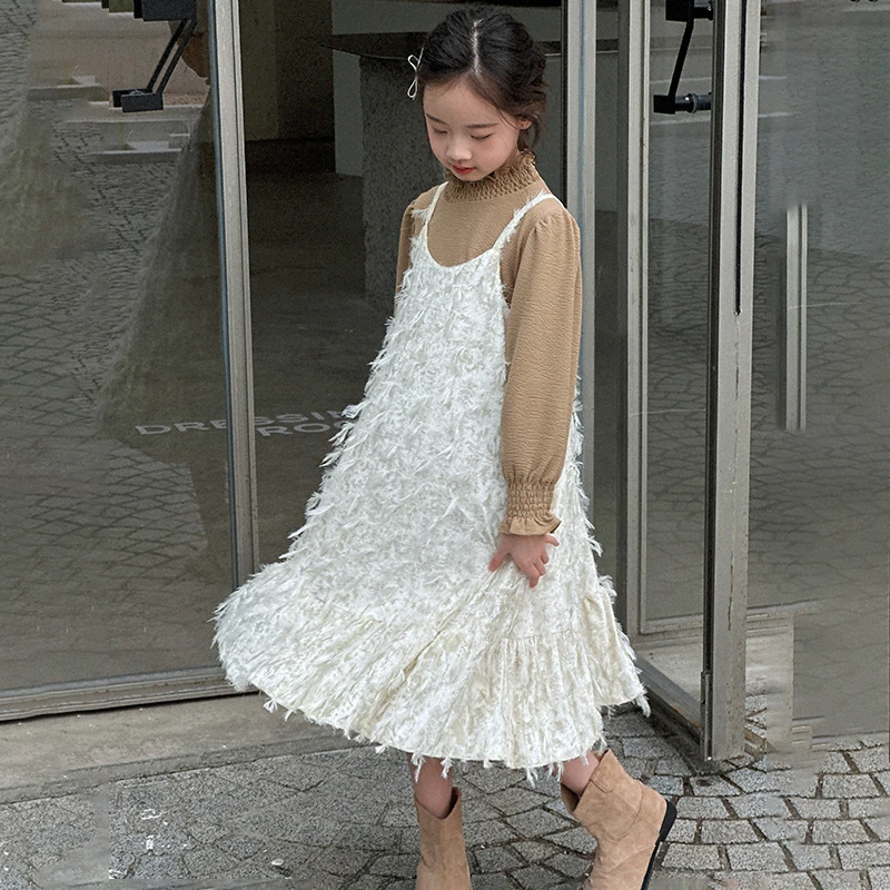 简女童2024新款洋气吊带裙中大童连衣裙秋装羽毛流苏公主裙气质潮