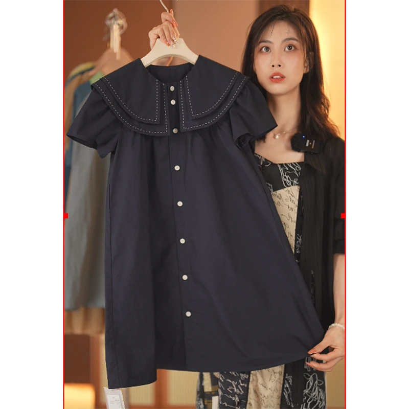 简女童夏季连衣裙2024年新款儿童学院风直筒宽松拼接娃娃领棉布裙