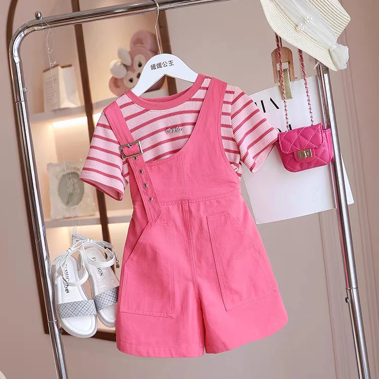 女童夏款套装2025新款洋气时尚背带短裤条纹短袖两件套夏季衣服潮