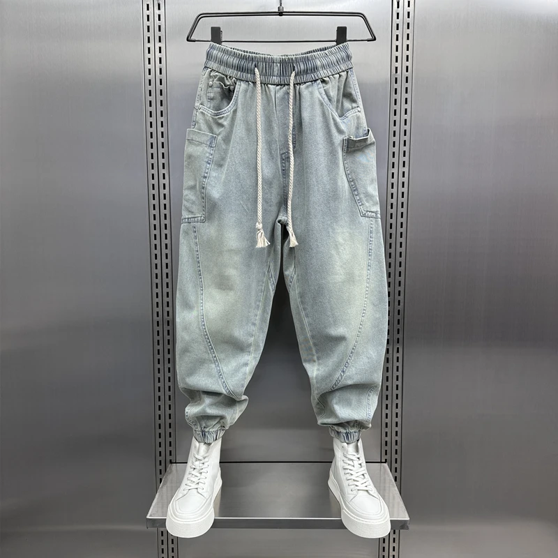 拼接秋季新款牛仔裤男痞帅休闲水洗蓝色哈伦裤宽松潮流束脚九分裤