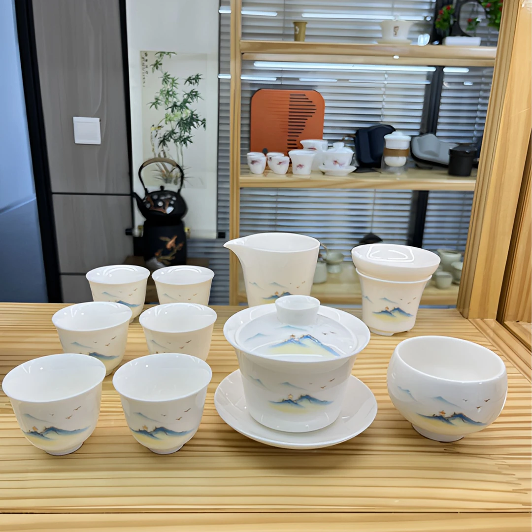 青山绿水悬停转盖11件  羊脂玉白瓷功夫茶具套装 安全包装