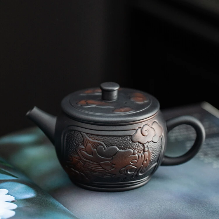 紫陶神龙德钟壶功夫茶具单壶复古浮雕家用手工泡茶壶高档大容量