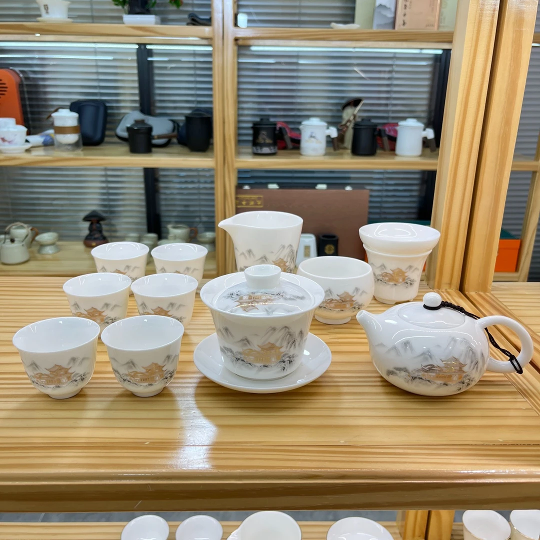 高山阁楼悬停12件  羊脂玉白瓷功夫茶具套装 安全泡沫包装