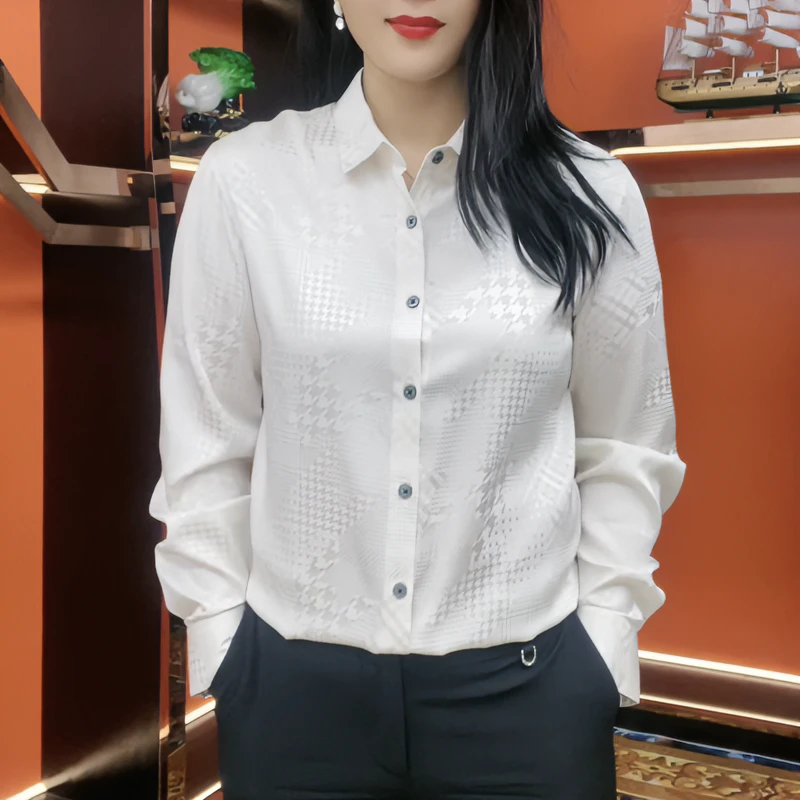 轻奢高端男士桑蚕丝长袖衬衫千鸟格真丝衬衣春夏百搭上衣气质纯色