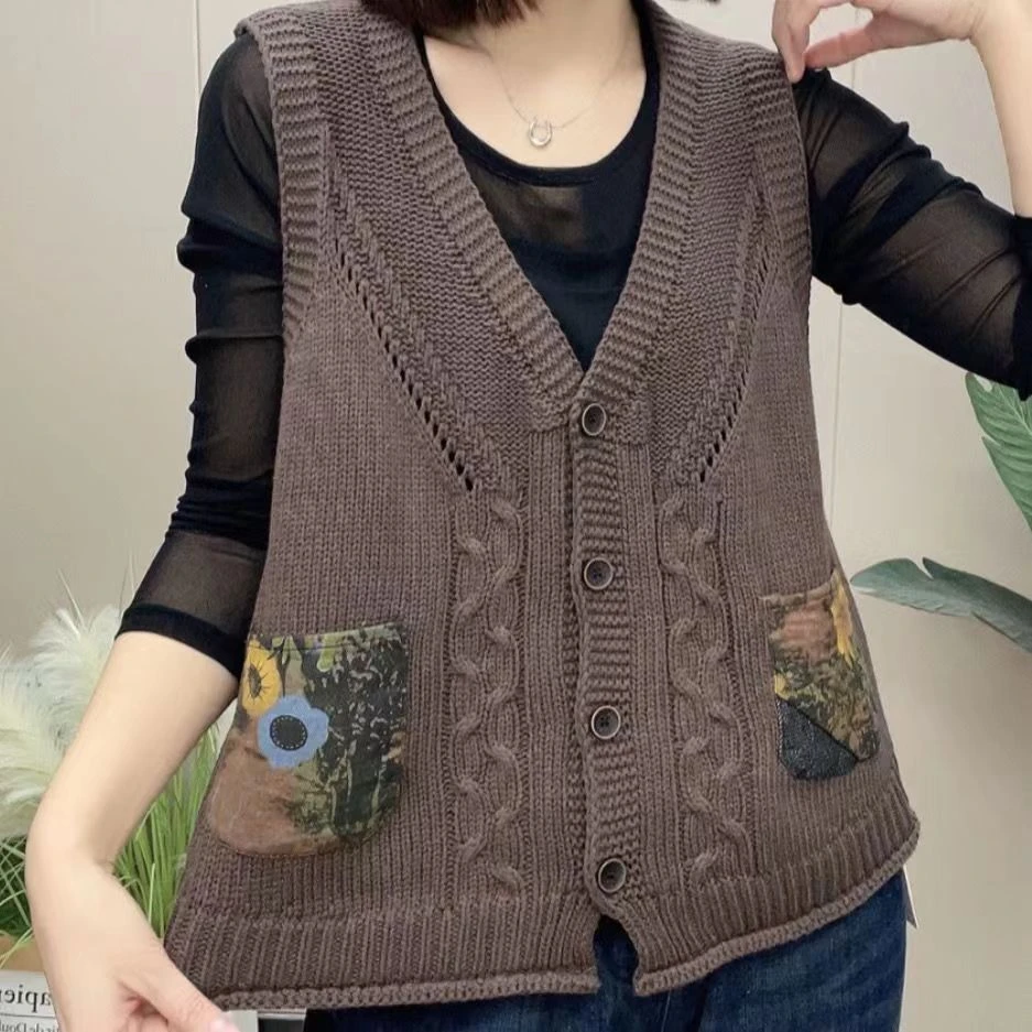 秋季新款复古文艺针织马甲女V领短款棉线背心休闲上衣