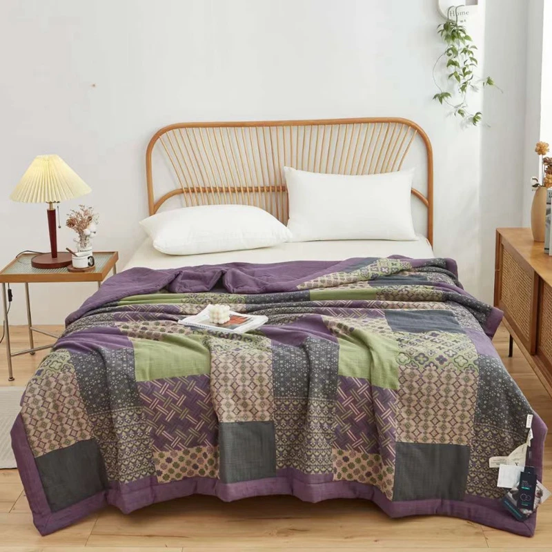 双层绿色纯棉纱大豆夏被纱布空调被夏天薄被子双人夏凉可机洗双面