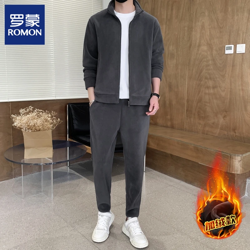 Romon/罗蒙运动套装男秋冬季加绒加厚立领开衫外套休闲卫衣两件套