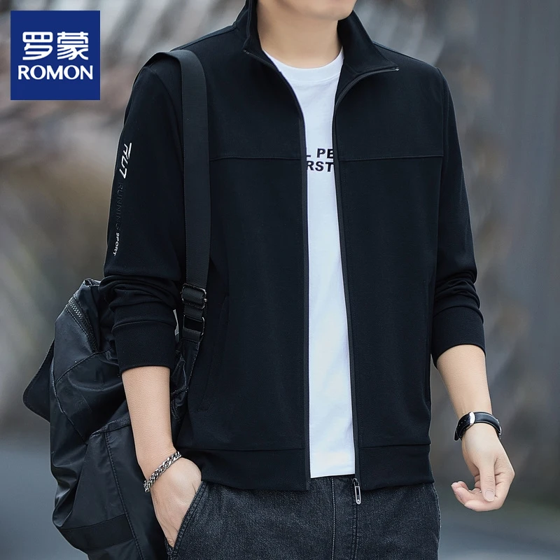Romon/罗蒙开衫卫衣男士2024新款春秋季宽松立领上衣运动休闲外套
