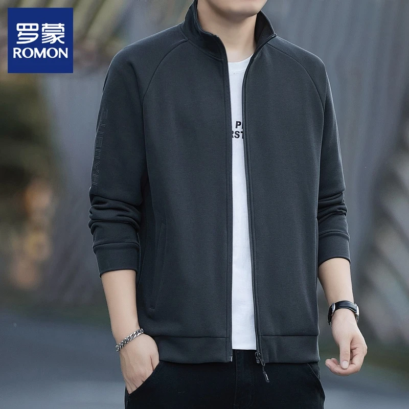 Romon/罗蒙开衫卫衣男士春秋季休闲运动上衣宽松百搭立领夹克外套