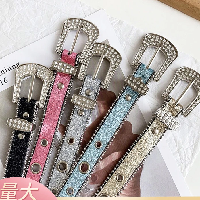 水钻皮带针扣小众设计女士ins风网红辣妹潮流欧美复古时尚收腰带