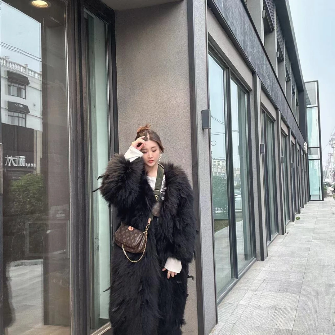 LL【女王优选】潮品时尚冬季秀款气质皮草设计师黑色毛毛外套