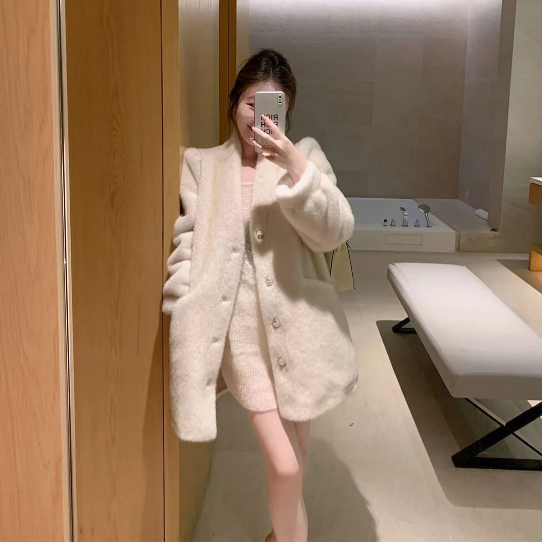 冬季新款杏色仿貂绒环保毛毛外套女中长款皮毛一体毛毛大衣