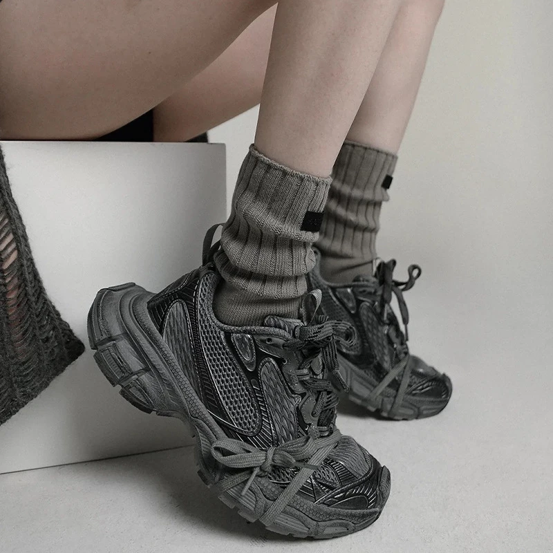 小众复古废土风男女情侣网红粗线缝标中筒堆堆袜街头ins潮流袜子