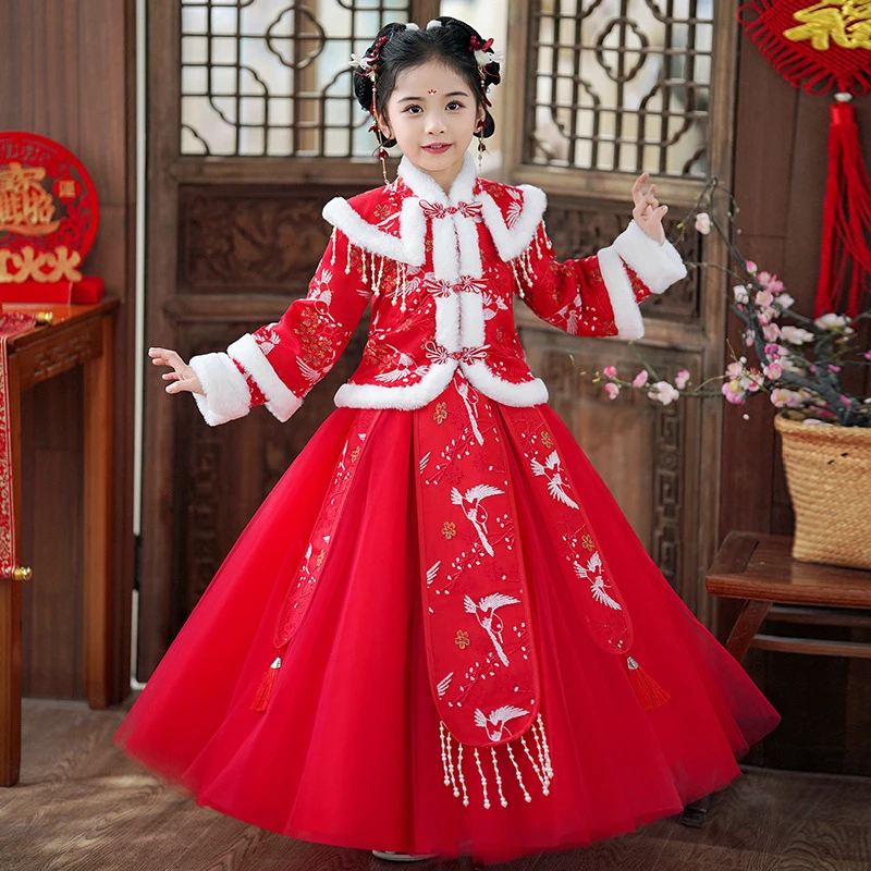 儿童汉服女童拜年服加绒加厚中国风唐装红色喜庆年服秋冬裙子套装
