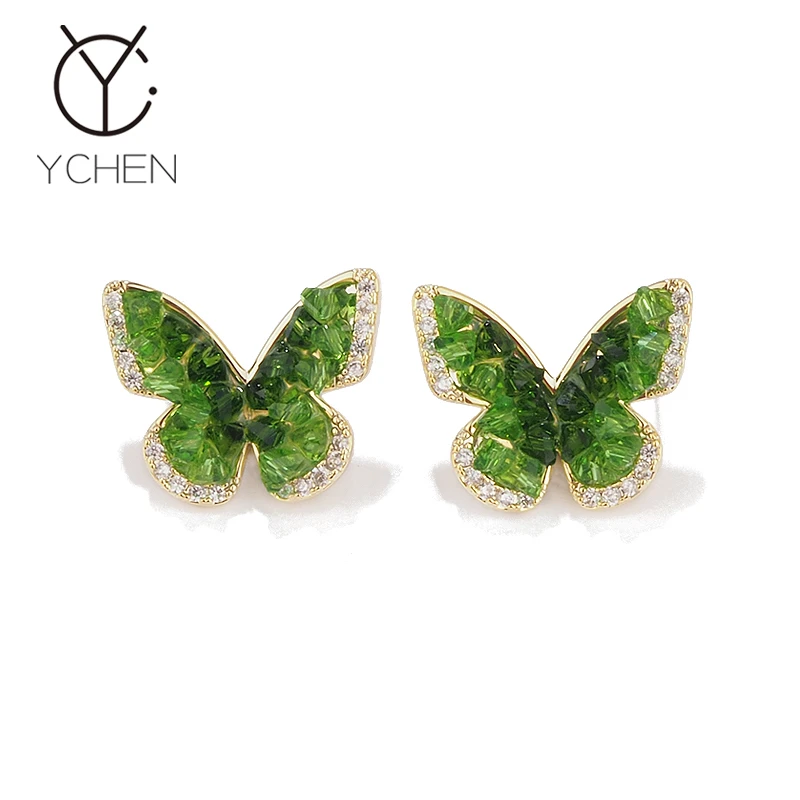 铜合金耳饰 精致清新渐变绿蝴蝶耳钉女2024新款