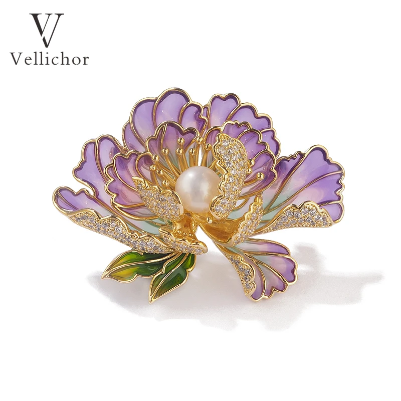 合金胸针 天然珠珐琅牡丹花胸针女精致高档中国风旗袍汉服别针