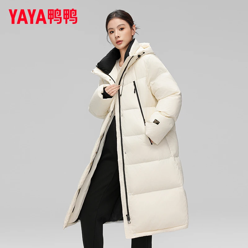 鸭鸭羽绒服女2024秋冬新品过膝中长款连帽休闲百搭加厚鸭绒外套