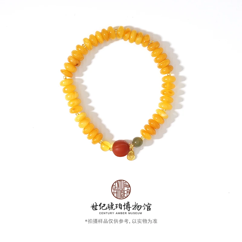 世纪琥珀博物馆琥珀蜜蜡扁珠手工DIY手串女款琥珀手链-05000023