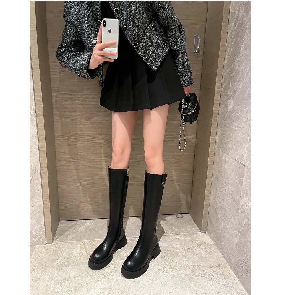 【成都●手工定制】牛皮平口百搭靴子保暖搭子冬纯色骑士靴A-2339