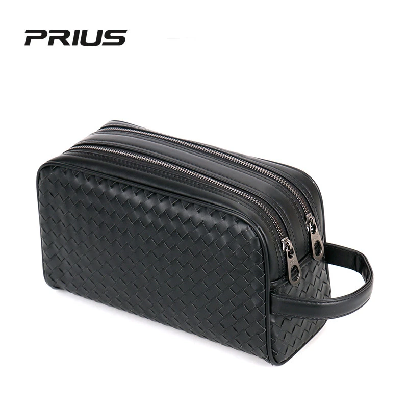 Prius/普瑞斯男包新款男士手拿包编织洗漱包双层拉链手抓包夹包
