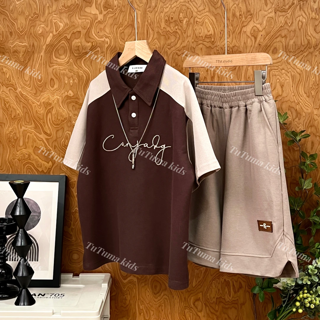 【2024157】男女童2024夏季运动休闲撞色POLO衫短袖套装两件套潮