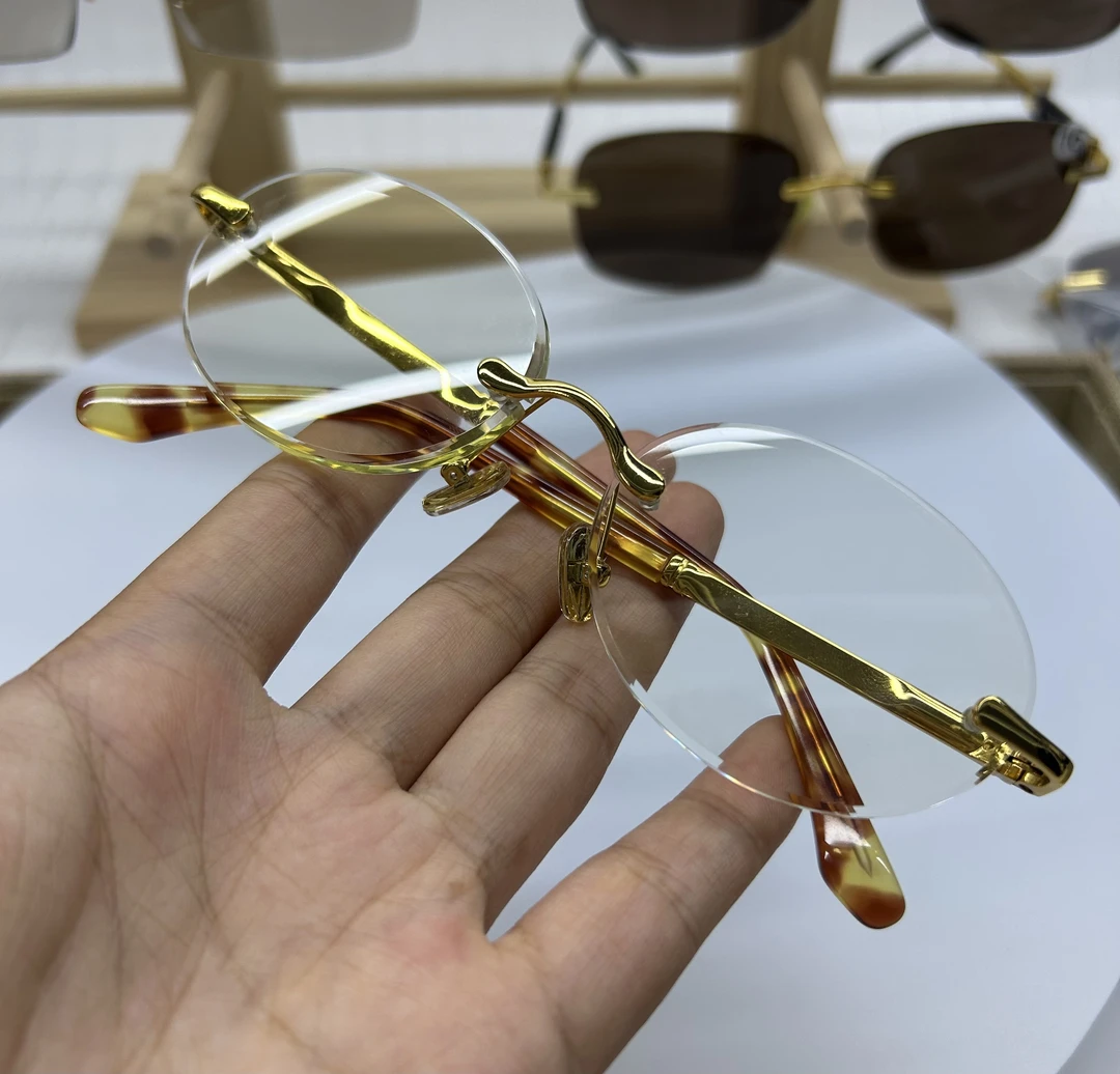 高档竹叶青天然水晶眼镜防蓝光防辐射无框鸡蛋圆款
