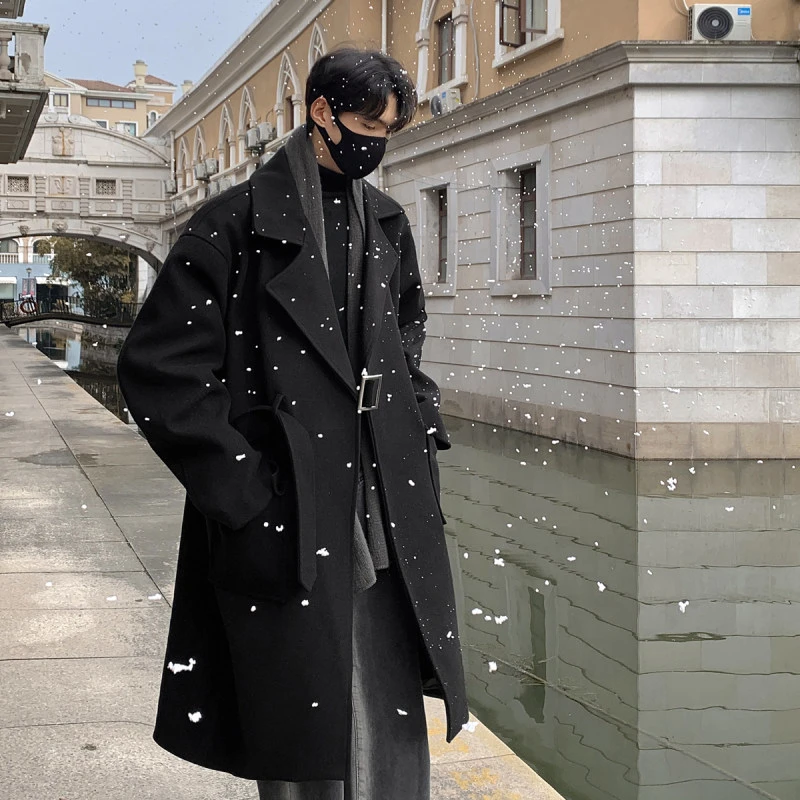 英伦毛呢大衣男秋冬季翻领外套2023新款妮子风衣中长款痞帅高级感