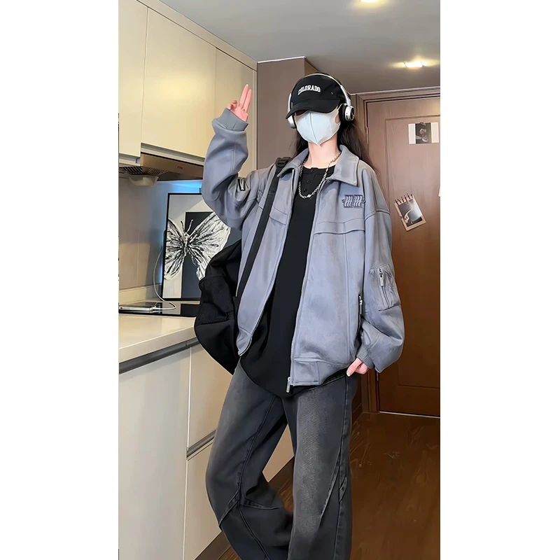 cleanfit灰色短款外套男2024秋冬新款夹棉加厚痞帅青少年宽松夹克