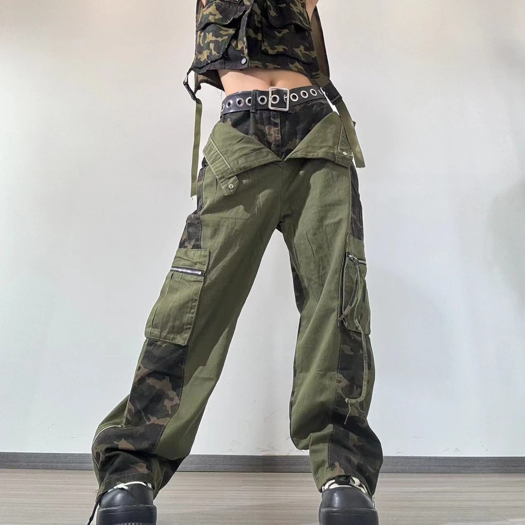 十三姨辣妹美式复古工装裤假两条拼接设计迷彩裤街头嘻哈直筒裤子