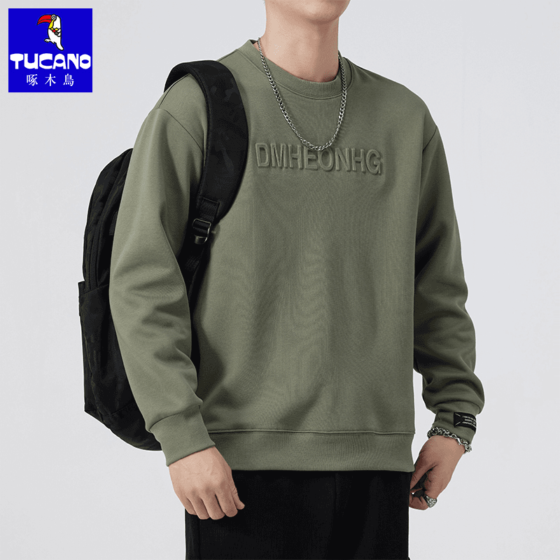 啄木鸟秋季新款重磅圆领卫衣男潮牌美式钢印宽松休闲百搭长袖上衣