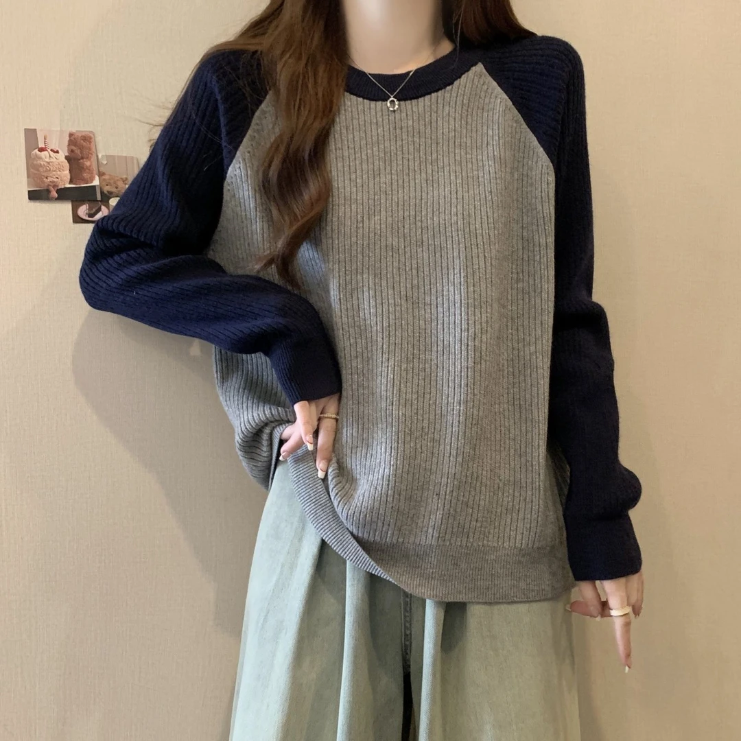 坑条大码长袖t恤女秋冬季新款宽松显瘦遮肚子拼接撞色打底衫上衣