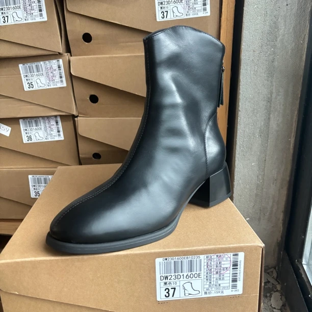 冬季1600加绒小头粗跟瘦瘦靴短靴女23D