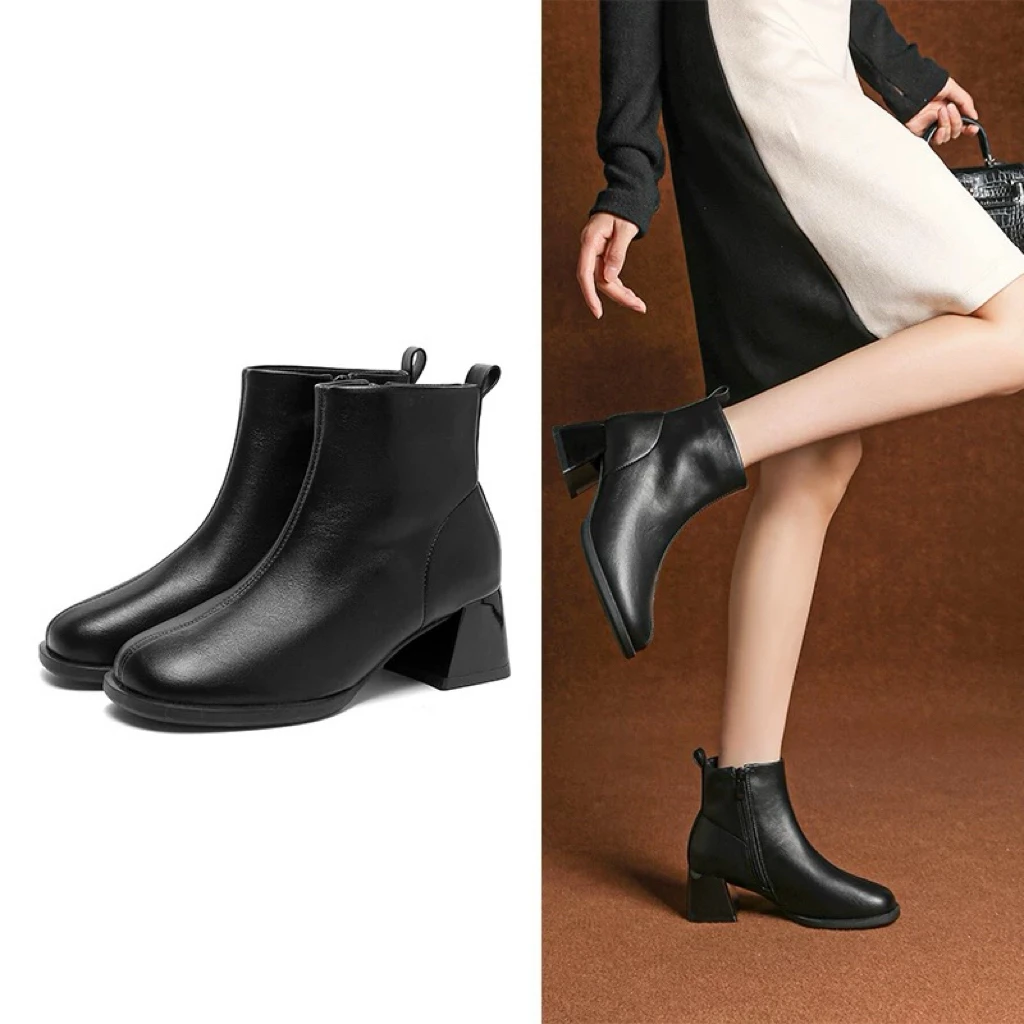 冬季1005加绒粗跟简约时尚短靴女23D