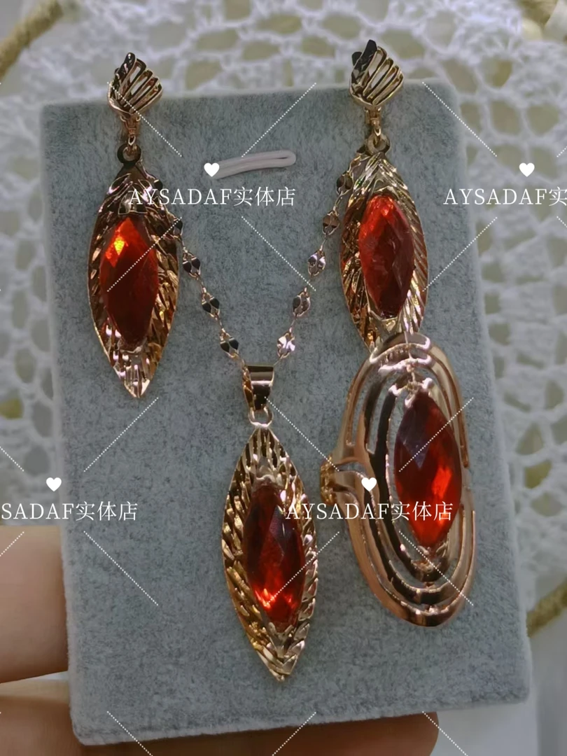 铜锆石吊坠 法式素款红色珠宝قىزىل مىس项链耳环戒指气质时尚饰品