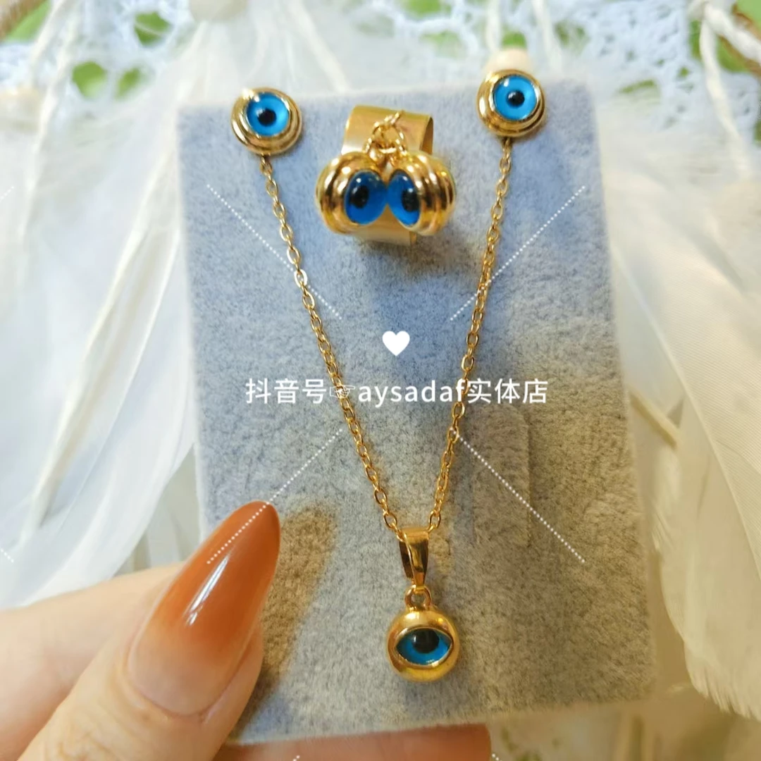 不锈钢吊坠 素款中古时尚气质蓝色恶魔之眼项链耳环戒指简约饰品