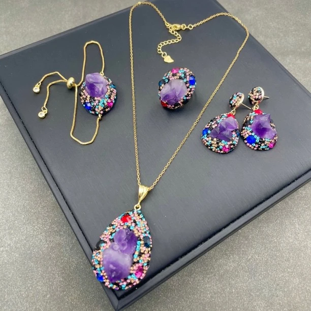 铜合金珐琅吊坠 Xyuer紫色罗兰不规则异石款首饰套装
