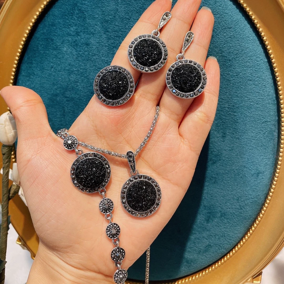 铜合金项链 专属Xyuer 谢雨儿黑圆形四件套首饰套装
