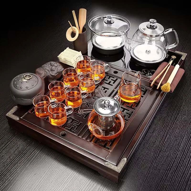 功夫茶具套装家用全自动玻璃底部上水电茶炉一体实木茶台排水茶盘