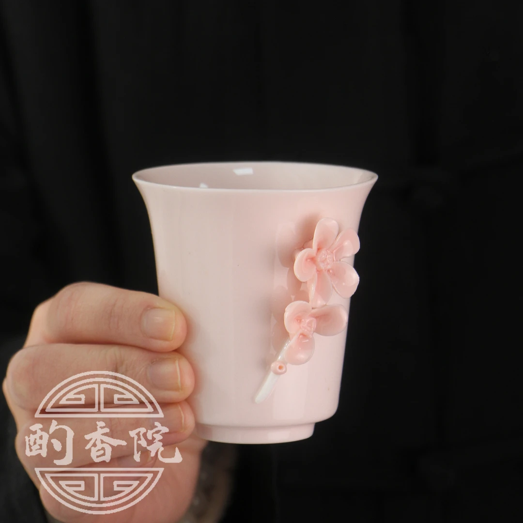 粉色马蹄主人杯手工粘花家用自用客杯女生