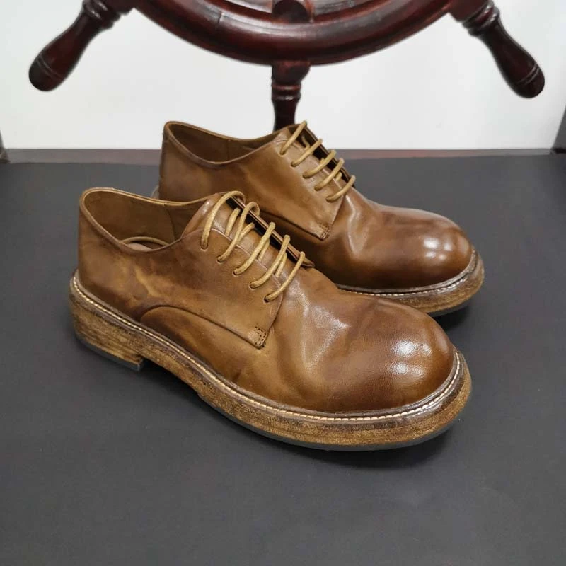 手工鞋马皮水洗复古做旧小皮鞋女真皮厚底增高德比鞋英伦风单鞋