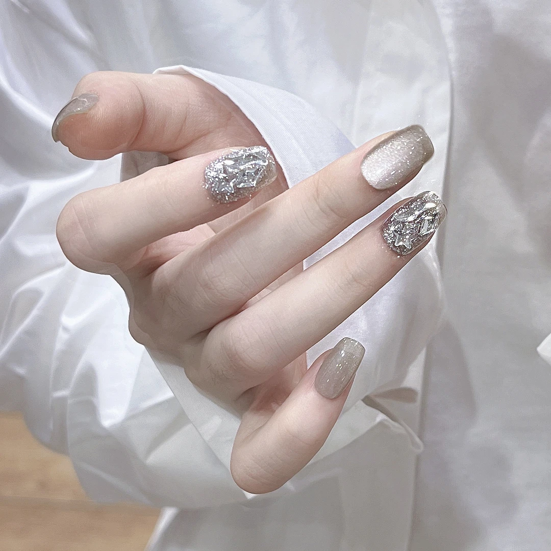 【短方】素雅美人 穿戴甲美甲贴片可拆卸30片装全尺码裸色钻钻猫眼